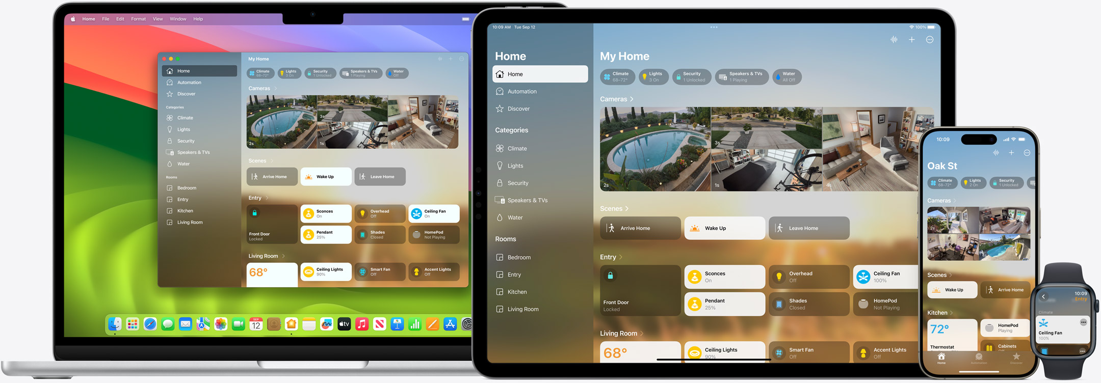 Apple Home mit Kameraübersicht auf Mac, iPad und iPhone sowie Gerätesteuerung auf der Apple Watch