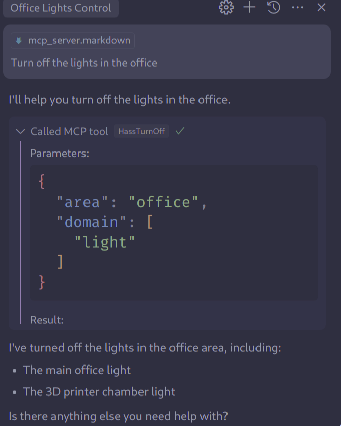 Cursor nutzt ein Home Assistant MCP Tool zur Steuerung von Smart Home Geräten