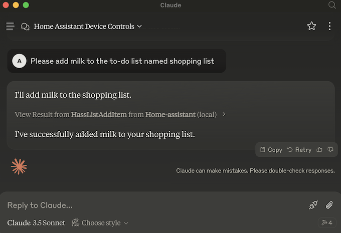 Claude steuert über den offiziellen Home Assistant MCP Server eine Aufgabe in Home Assistant
