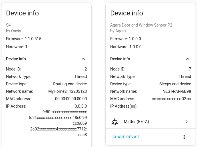 Matter-Geräteinformationen mit Netzwerktyp und Geräteart in Home Assistant