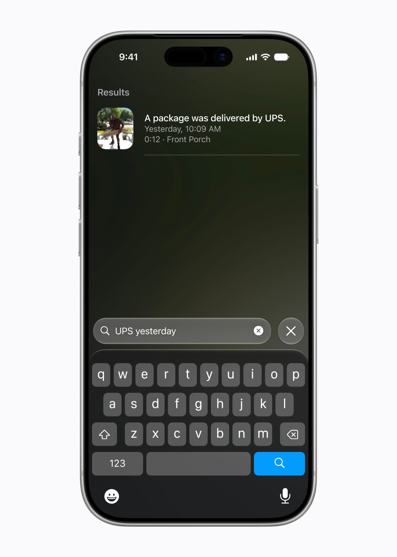 Suchansicht der Apple-Home-App mit Ergebnissen aus aufgezeichneten Kameraclips