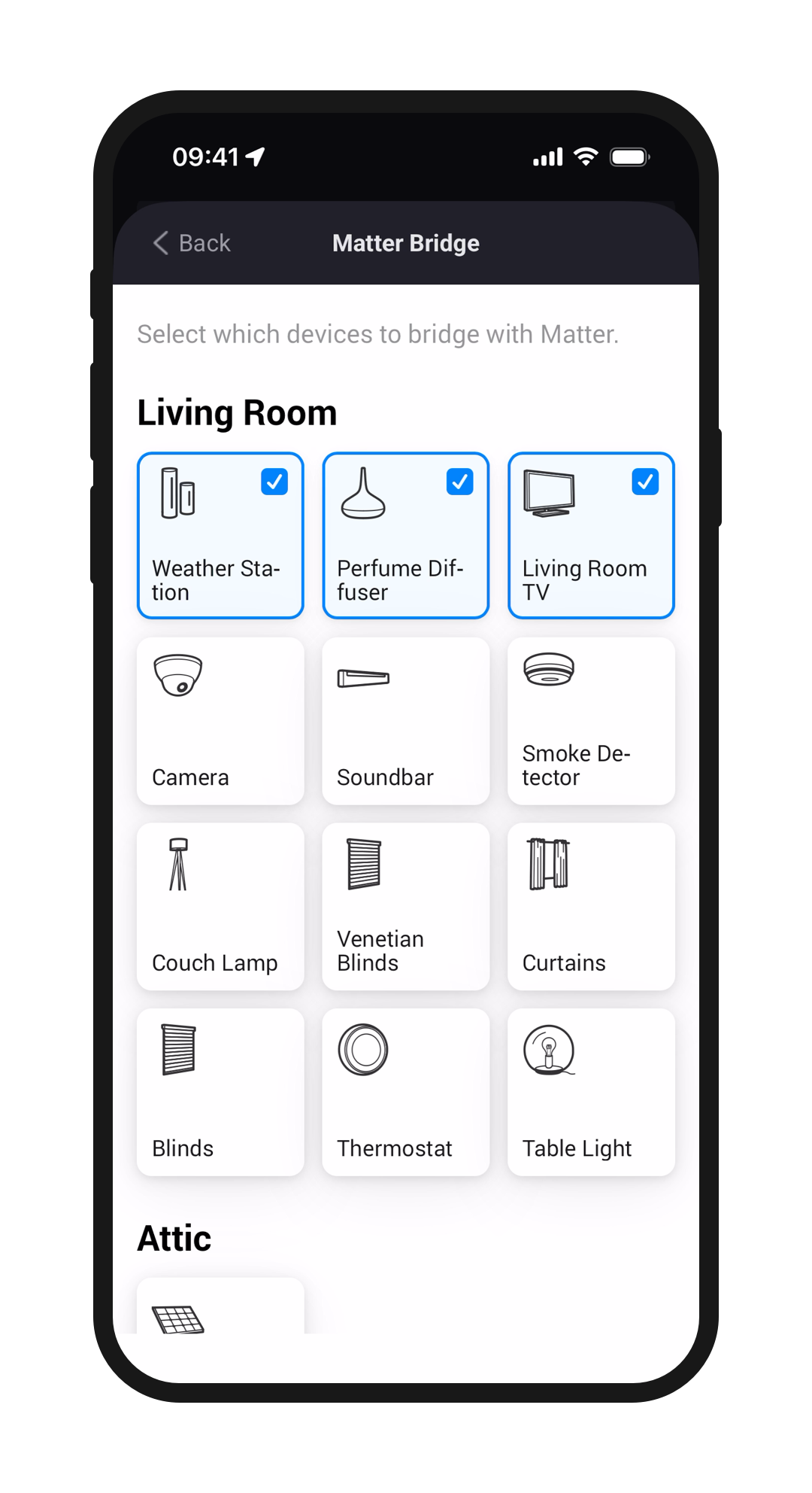 Geräteauswahl in der Homey Matter Bridge App für Apple Home