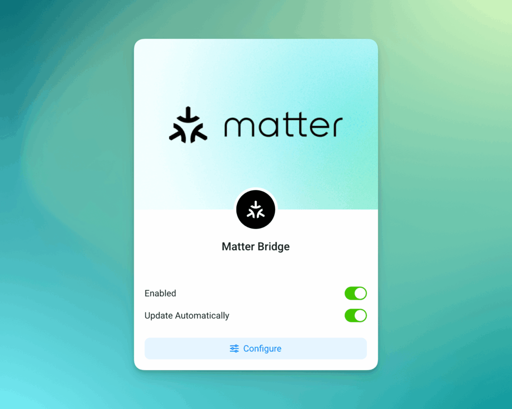 Homey Matter Bridge in der Web App mit aktiviertem Matter und Konfigurieren-Schaltfläche