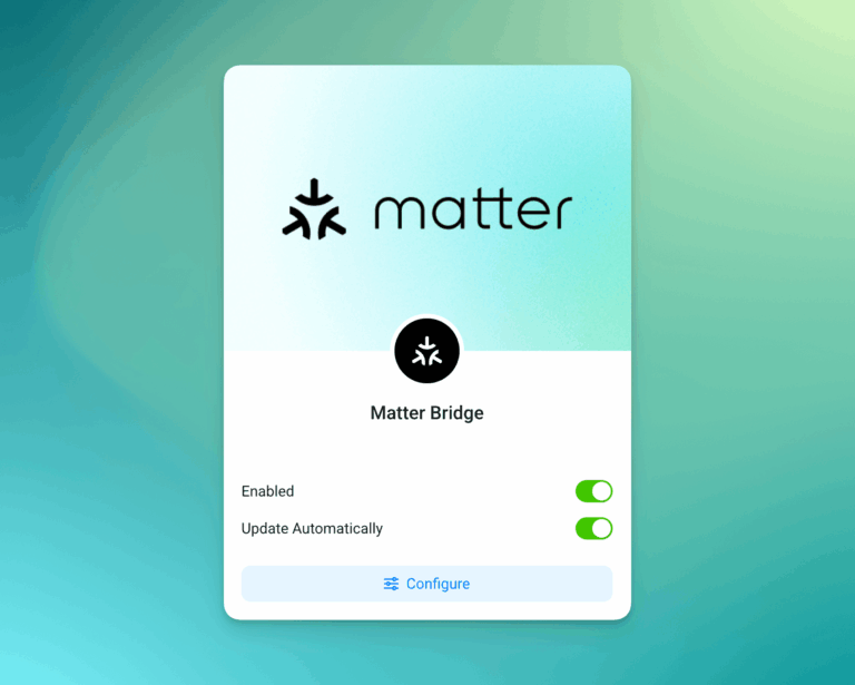 Homey Matter Bridge in der Web App mit aktiviertem Matter und Konfigurieren-Schaltfläche