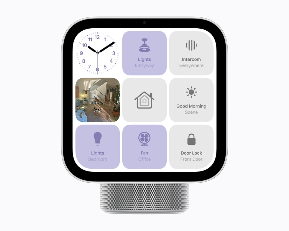 Apple HomeView zeigt Lichtsteuerung, Szene und Türschloss auf einem sieben Zoll Display