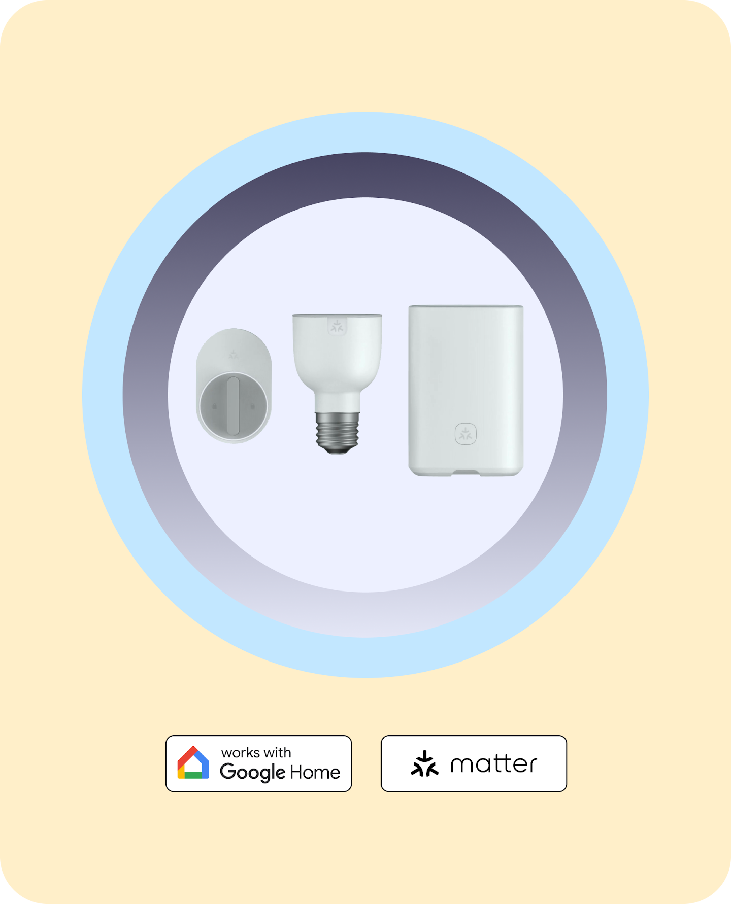 Google-Illustration mit Matter-Steckdose, Lampe und Sensor sowie Google-Home- und Matter-Logos