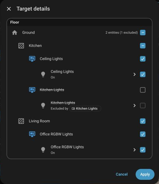 Zielauswahl in Home Assistant mit ausgeschlossenen Küchenleuchten und eingeschlossenen Wohnzimmerleuchten