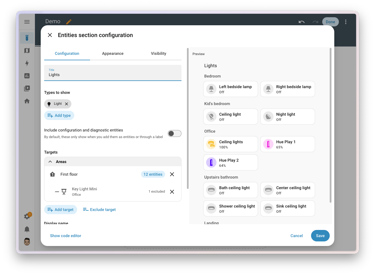 Editor eines automatischen Dashboard-Abschnitts mit Lichtauswahl für eine Etage und einer ausgeschlossenen Leuchte