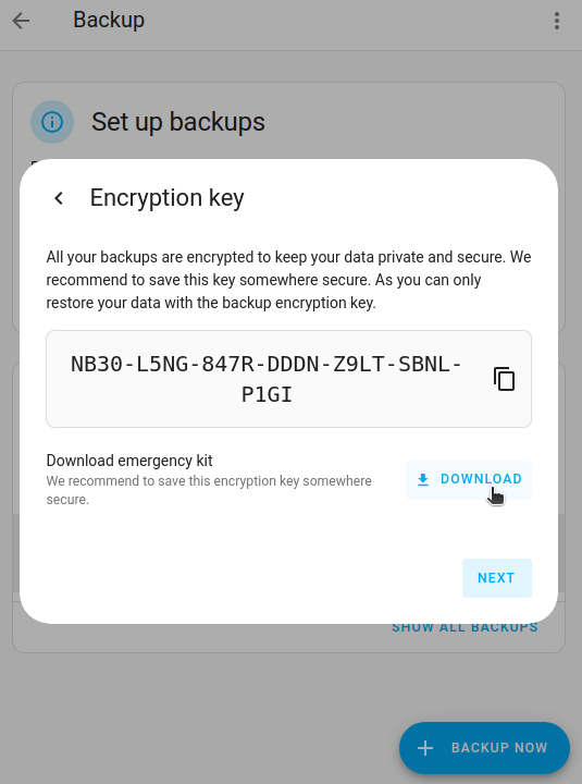 Offizielles Dokumentationsbeispiel: Home Assistant zeigt den Download des Backup-Notfallkits mit einem Beispielschlüssel