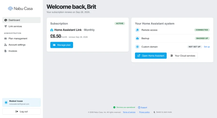 Neue Nabu Casa Kontoseite mit Home Assistant Link Abonnement und Remote Access