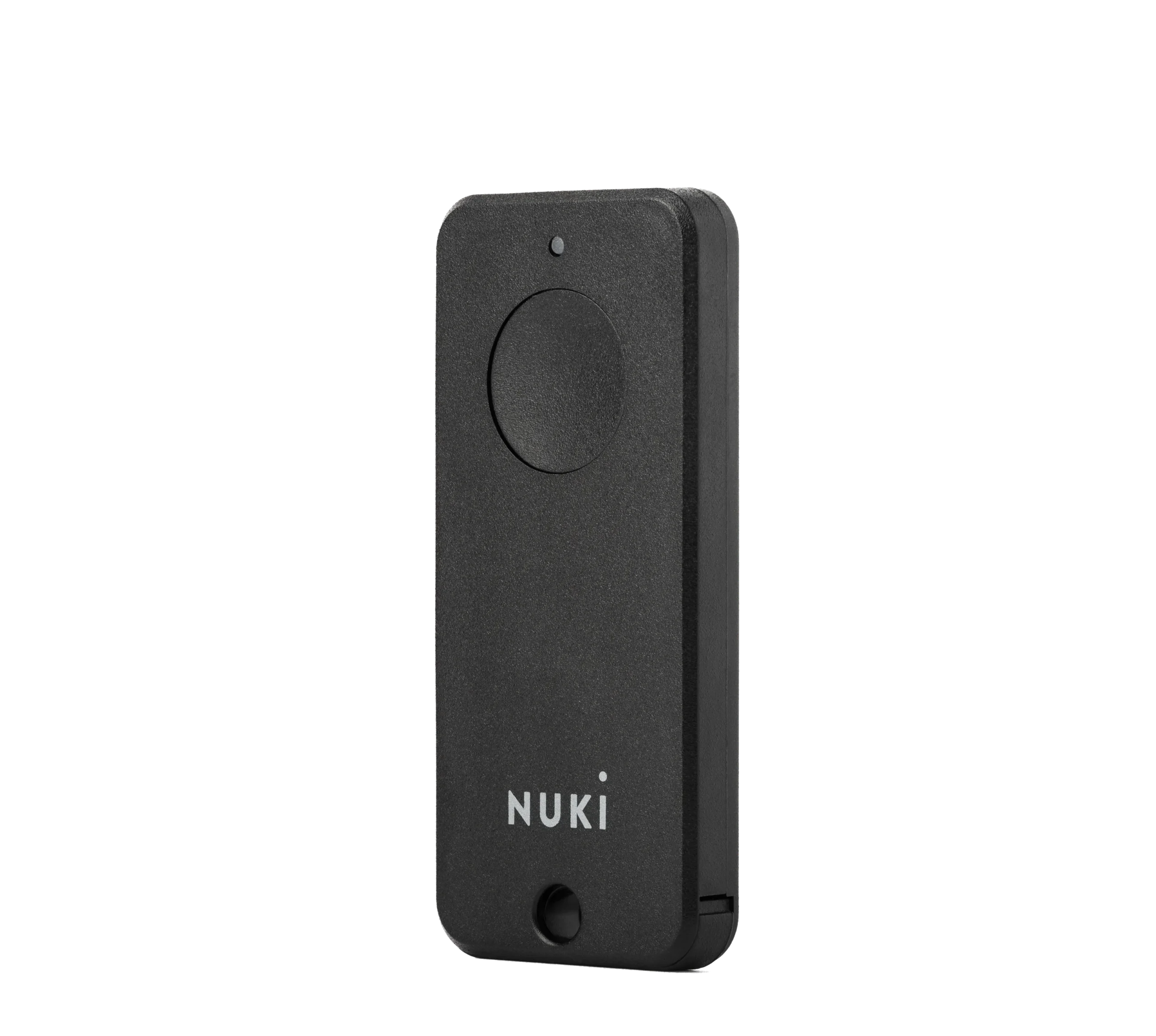 Schwarzer Nuki Fob mit rundem Bedienknopf und Öse für einen Schlüsselring