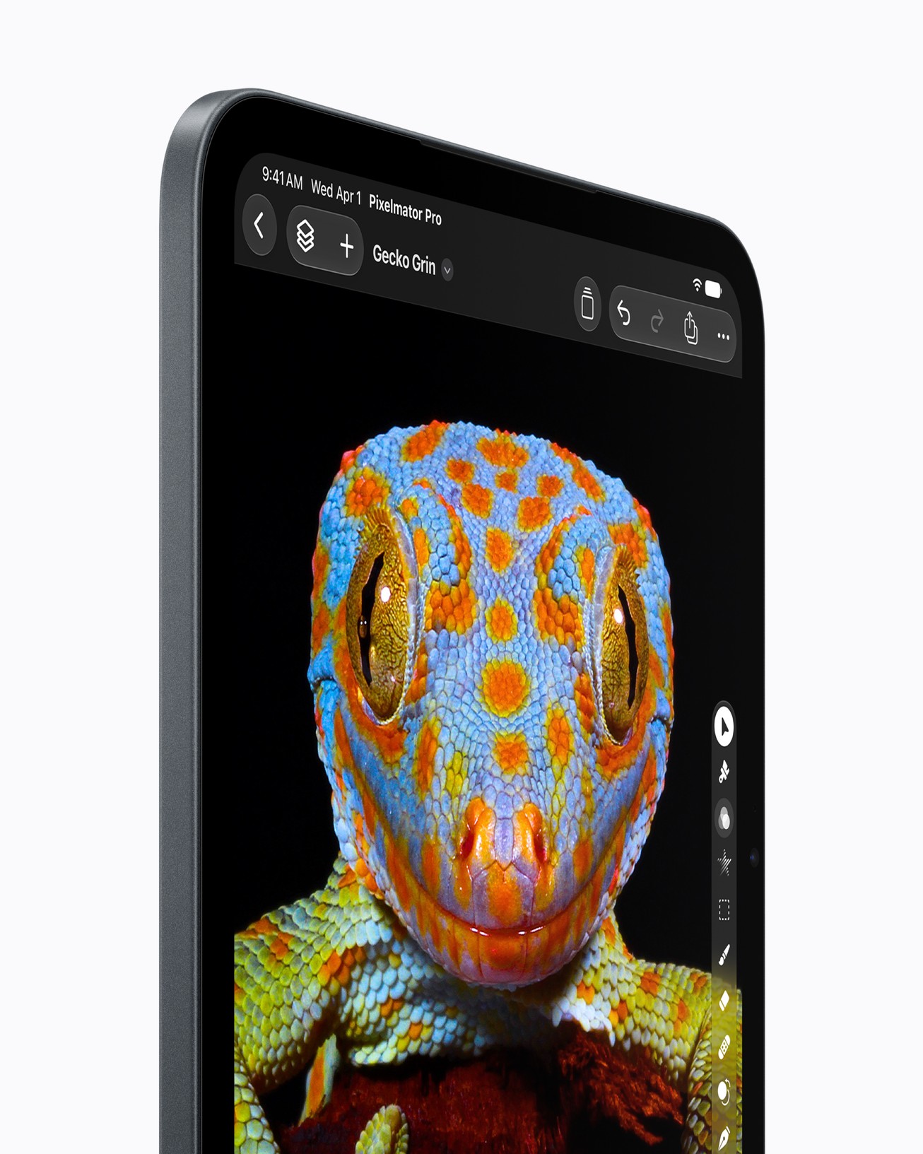 Nahaufnahme des neuen iPad-mini-Displays mit einem bunten Gecko in Pixelmator Pro