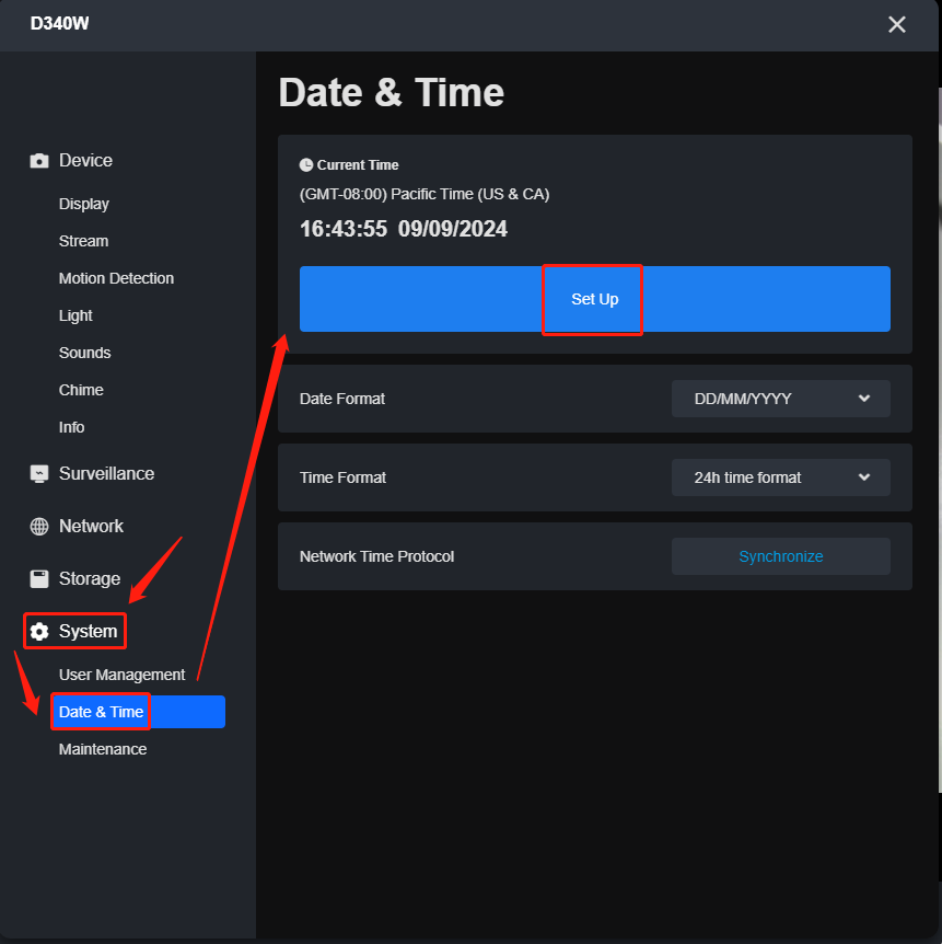 Reolink Client mit System, Date & Time und der Schaltfläche Set Up; Herstellerbeispiel mit US-Zeitzone