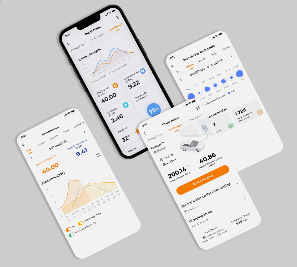 Vier offizielle Sungrow iSolarCloud App Ansichten mit PV-Daten und Energiestatistiken