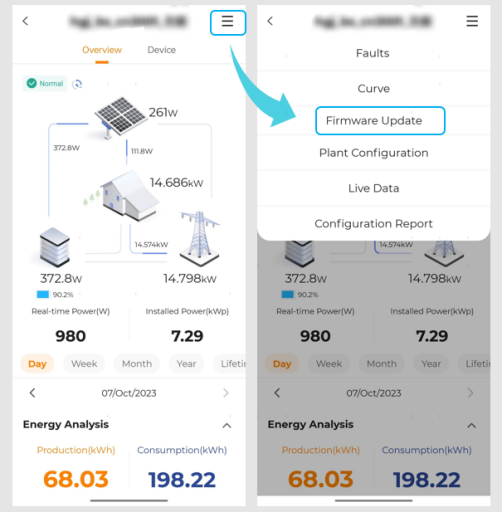 Sungrow iSolarCloud App zeigt das Menü zum Firmware Update der Solaranlage